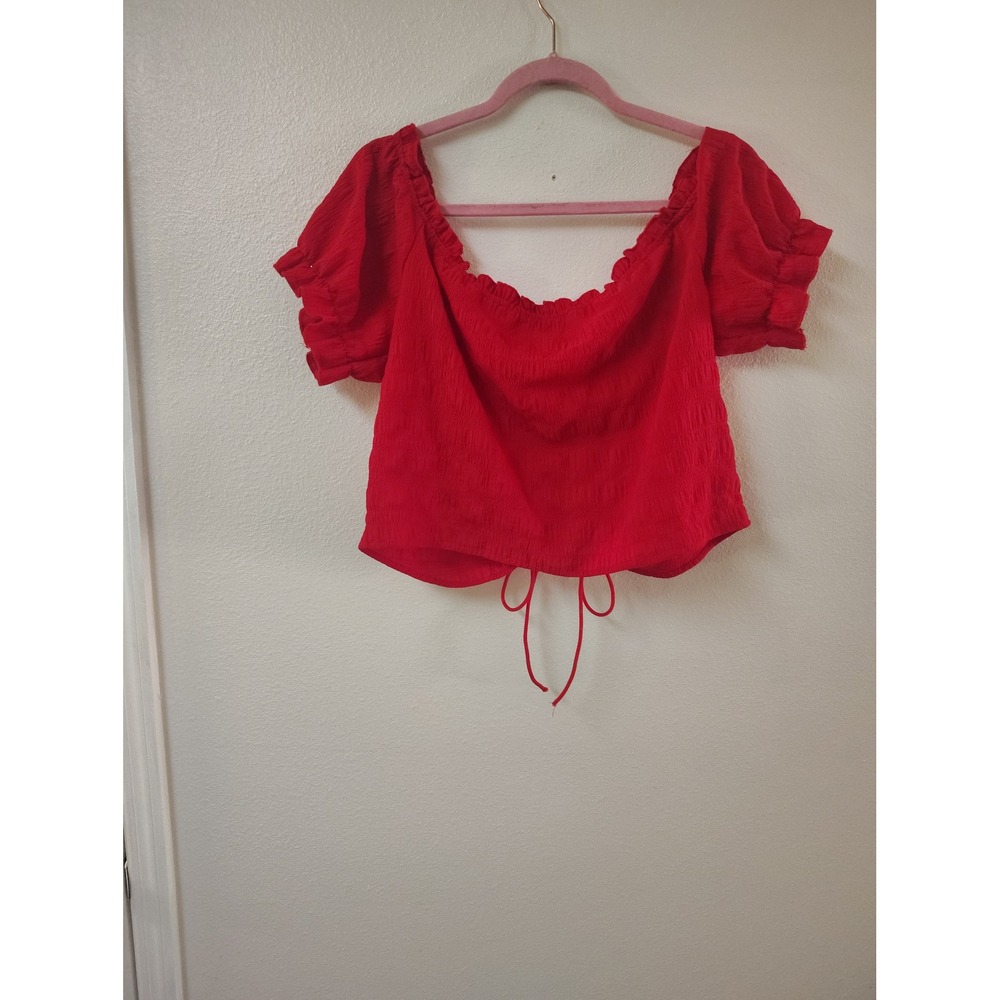 Shein Curve Red Ruched Drawstring Crop Top Off Shoulder Ruffle Puff‎ Sleeve 2XL - Picture 3 of 3